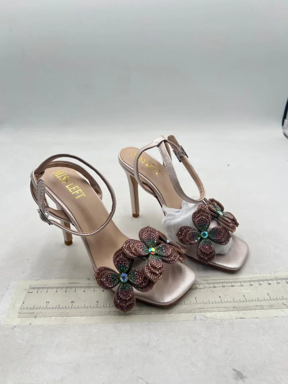 miss left Champagne Rhinestones Stiletto Heel Sandals with Strap Buckle Flower